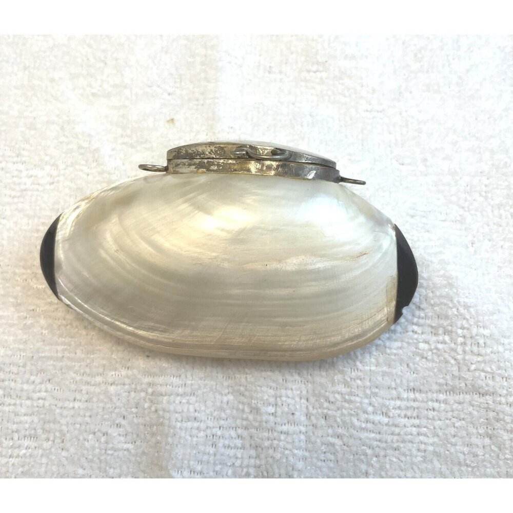 Mid Century Silvered Metal Mounted Abalone Shell Oval Locket-Snuff Box NOS